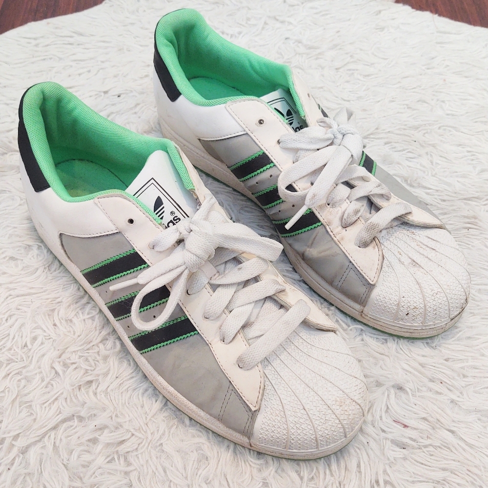 Men's Adidas Superstars Gray Black and Lime Green - Picture 1 of 5